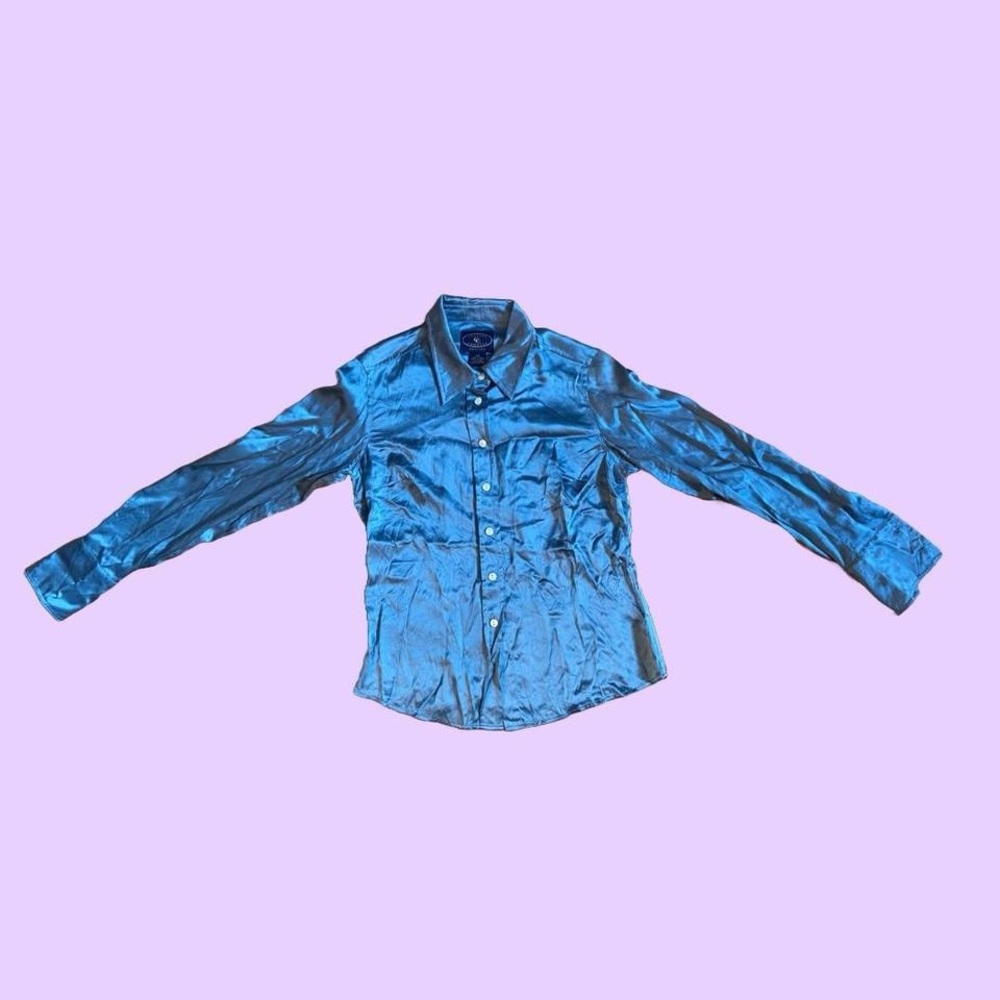 Vintage 90s Blue Silk Button Up Collared Shirt 🔥